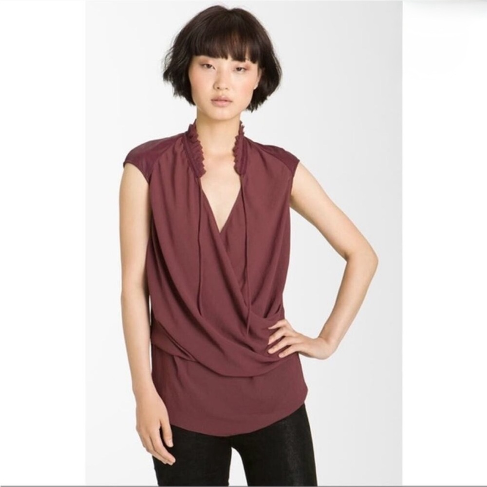 Helmut Lang Chiffon Wrap Surplice Silk Blouse w/ Goat Leather Shoulder Panels S